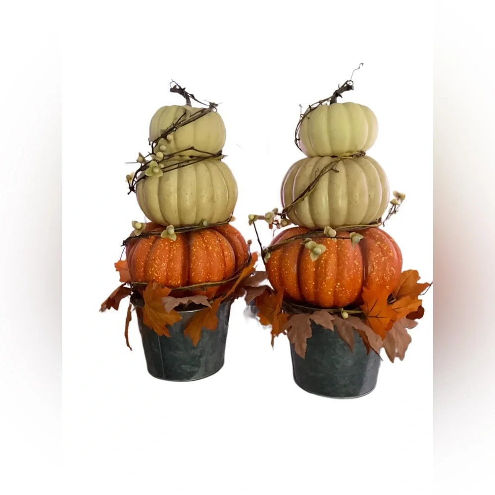 Large Farmhouse Tiered Pumpkin Decor Set of 2 Autumn Table Centerpieces